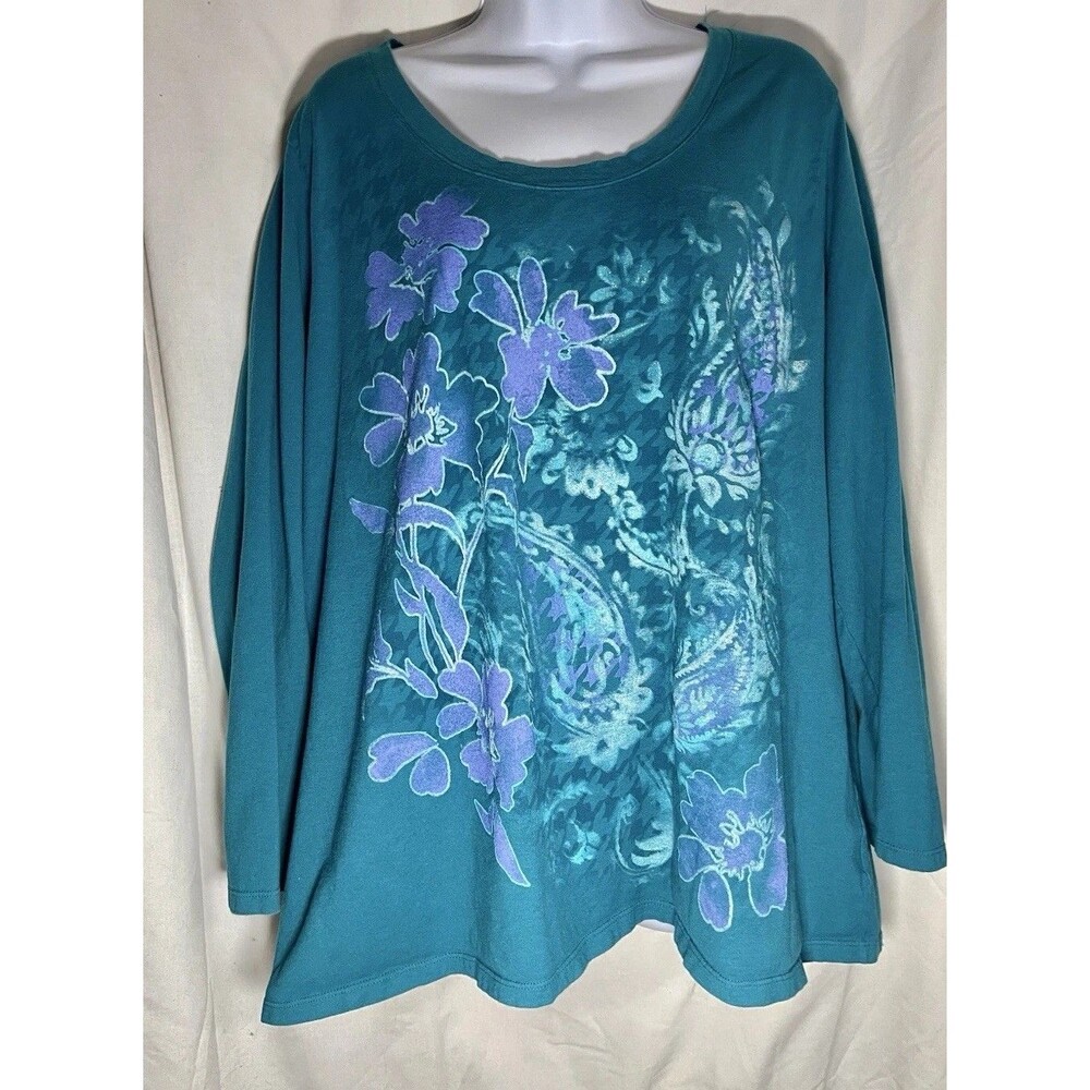 Just My Style Women’s Plus 2X Teal/Purple Knit Cotton Floral Graphic T-Shirt